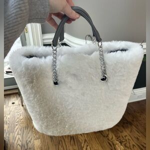 New White Faux Fur OBag Tote Bag with Chain Handles